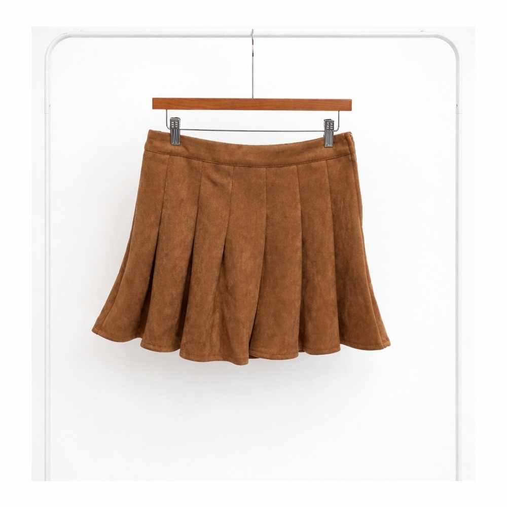 Francesca's Collections Brown Suede-Look Pleated Skater Skirt